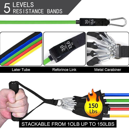 11-Piece Set Resistance Bands Exercise Bands up to 150Lbs, Work Out Bands with Handles, Color Coded Exercise Bands, Exercise Guide, Storage Bag