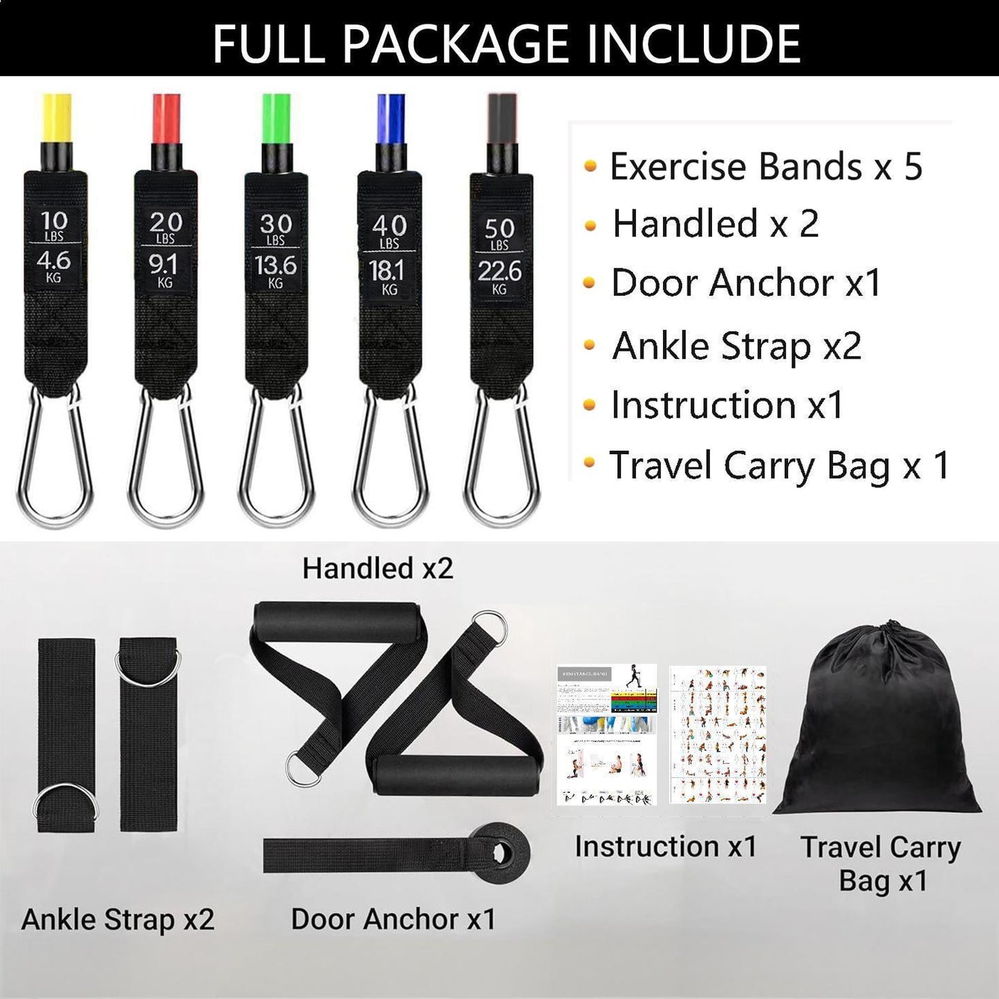 11-Piece Set Resistance Bands Exercise Bands up to 150Lbs, Work Out Bands with Handles, Color Coded Exercise Bands, Exercise Guide, Storage Bag