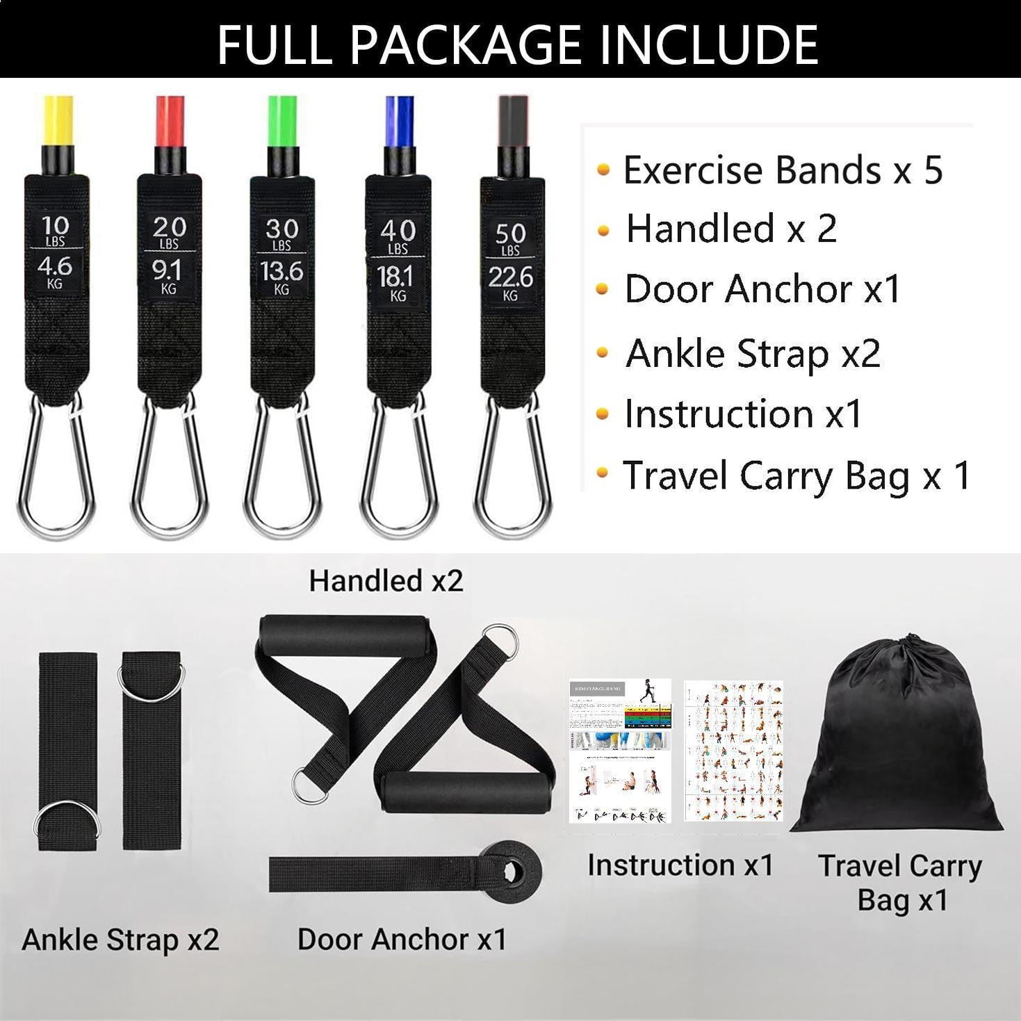11-Piece Set Resistance Bands Exercise Bands up to 150Lbs, Work Out Bands with Handles, Color Coded Exercise Bands, Exercise Guide, Storage Bag